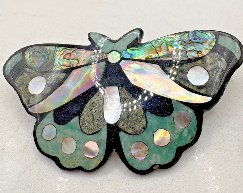 Vintage Abalone MOP Handmade Butterfly Barrette Clip Inlay Green White Black 5"
